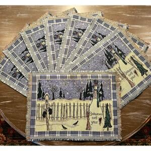 Holiday Christmas Primitive Country Woven Tapestry Snowman Scene Placemat Set/8